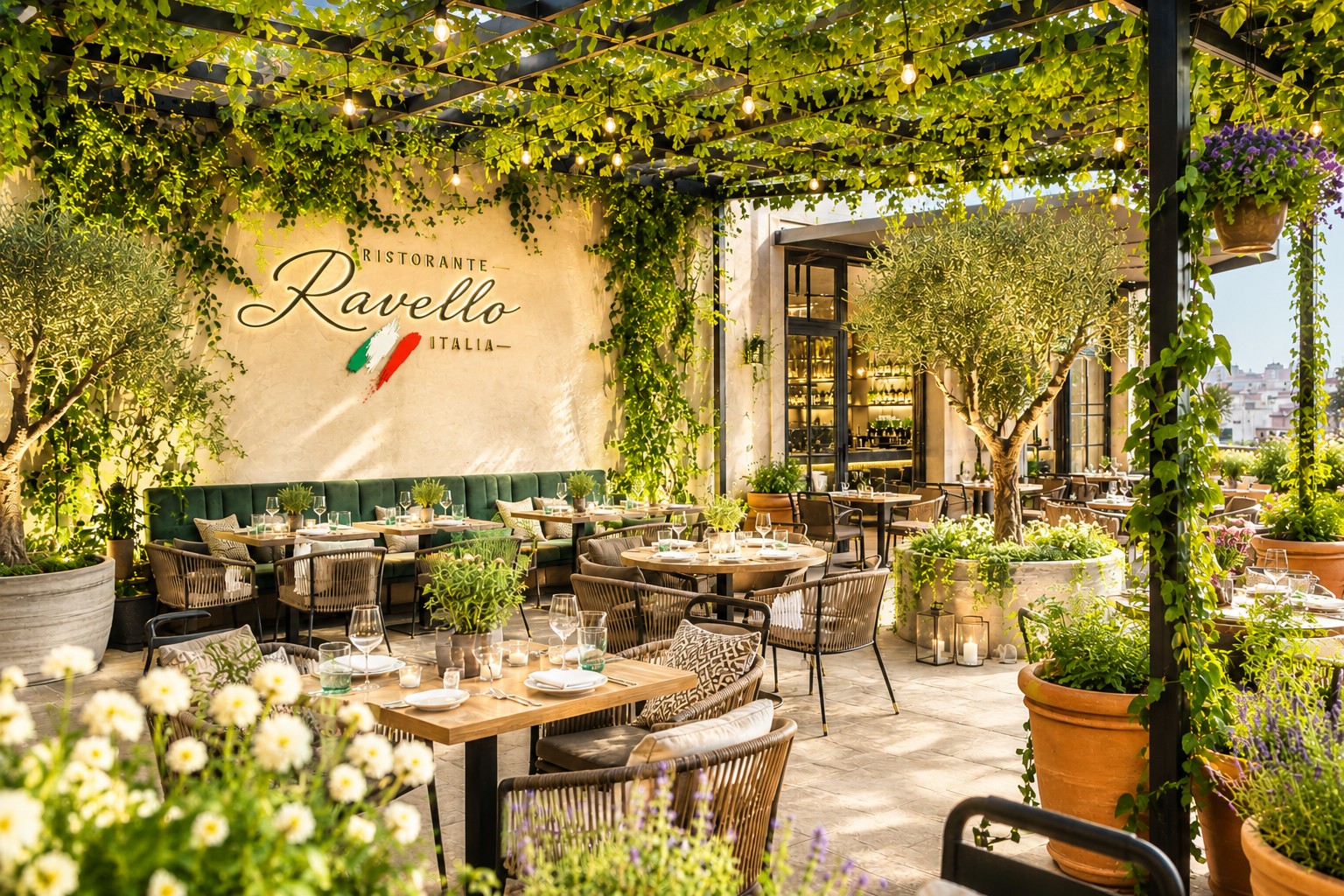 Ogródek restauracji Ravello z zielenią i stolikami
