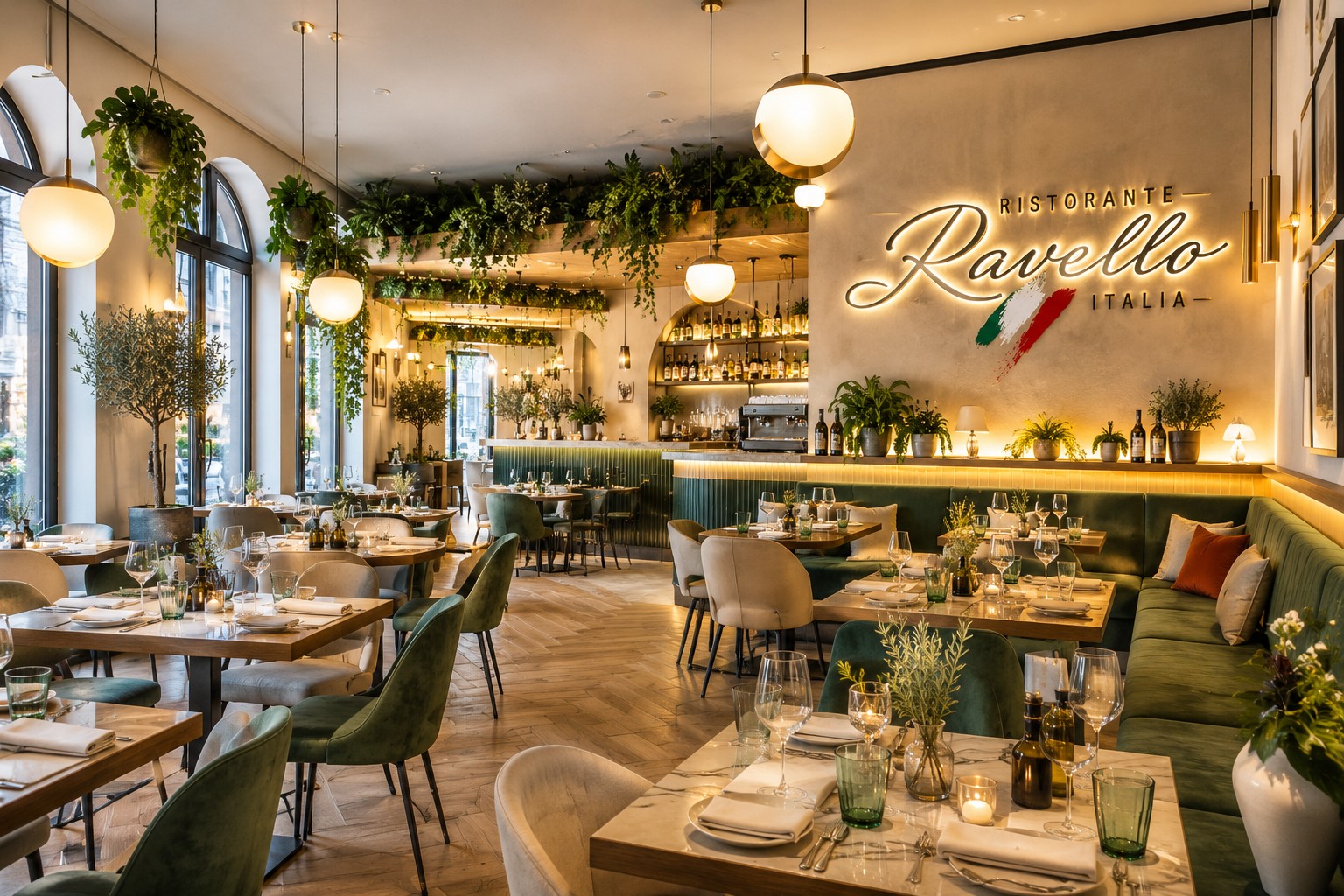Jasne włoskie wnętrze restauracji Ravello