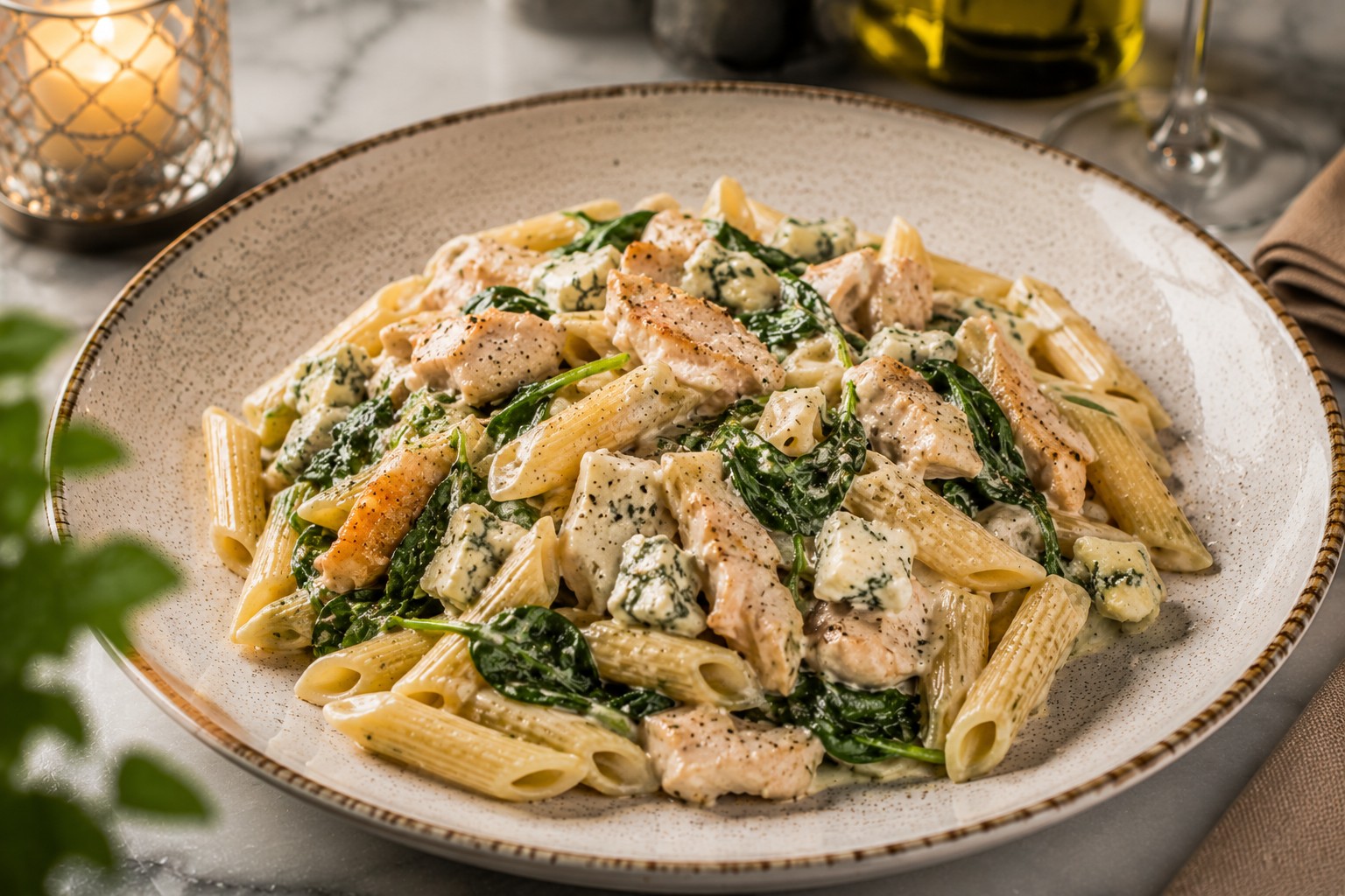 Penne z kurczakiem, szpinakiem i gorgonzolą